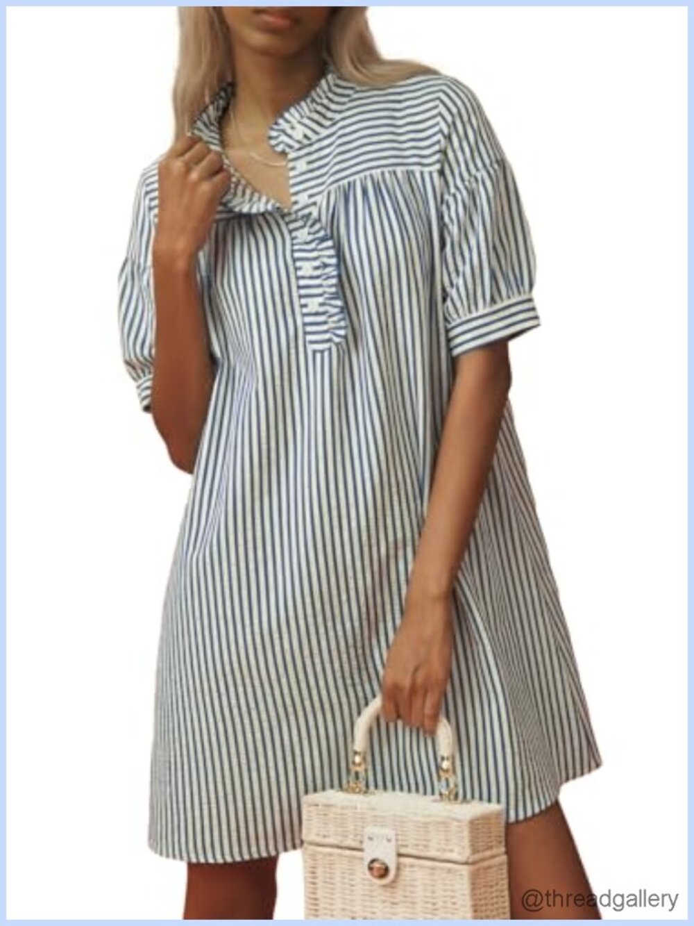 Women Puff Sleeve Striped Button Mini Dress Casual Summer